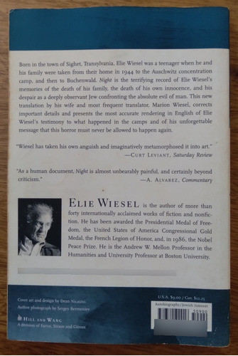 242t Livro Em Inglês Night. Elie Wiesel. Ed Hill And Wang. 1
