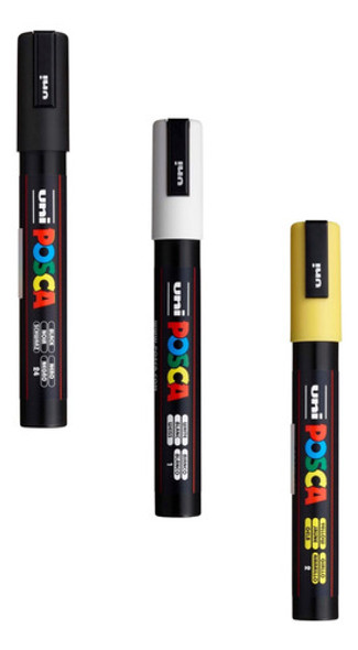 Kit 3 Canetas Posca Pc-5m Branca Preta E Amarela Uni Ball 0
