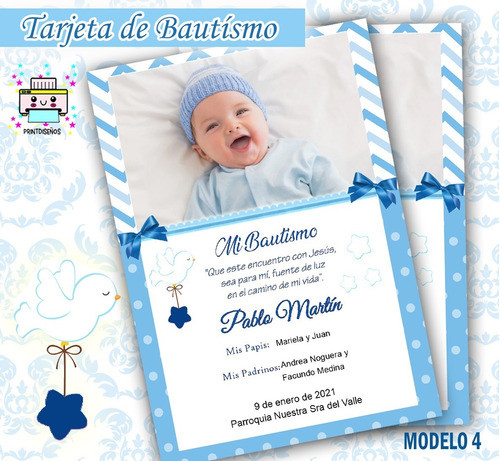Tarjeta Estampita Bautísmo Varón Imprimir Person Con Foto M4 1