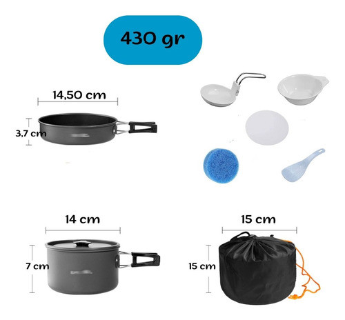 Marmita Camping Aluminio Anodizado 7pz Olla Sarten 1-2 Pers 1