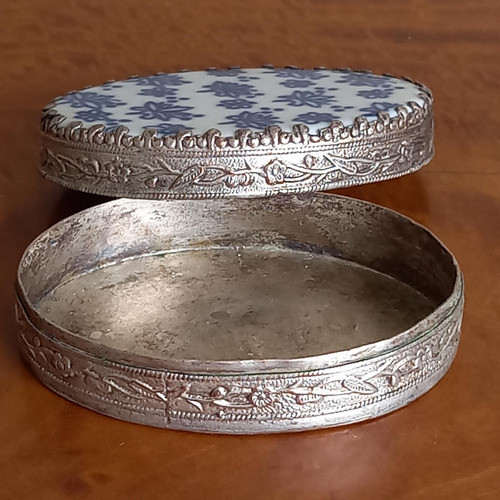 Antigua Cajita Pastillero Rapé Chino Espejo Metal Porcelana 1
