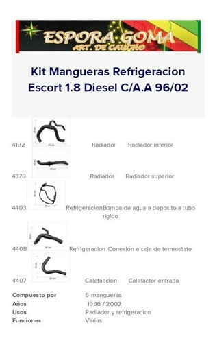 Kit Mangueras Refrigeracion Escort 1.8 Diesel C/ Aire 96/ 02 1