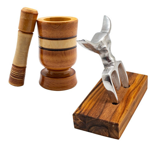 Kit Pilão De Madeira E Garfo Em Alumínio Fundido Churrasco 0