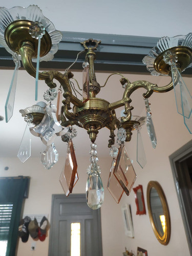 Antígua Araña En Bronce Y Caireles De Cristal Todo Original 1