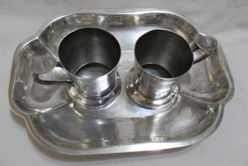 Lota Bandeja Ovalada Y Porta Vasos Con Asas Metal Acero 1