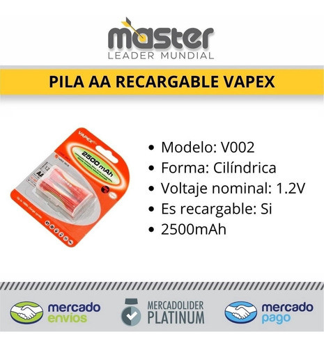 Pilas Aa Recargables Vapex 2500mha Blister X2u Ni-mh 1