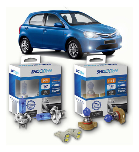 Kit Lâmpadas Super Brancas 8500k +led T10 Etios H4 + H16 0