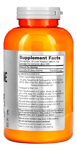 Beta-alanina Now Foods 500 Gramas Pó Importado 1