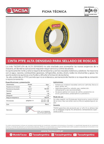 Cinta Teflon Alta Densidad Ptfe Plomería 3/4'' 20mt Pack X10 1