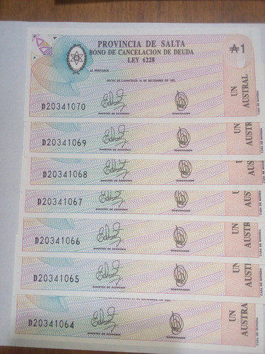 Bonos Provincia Salta 1 Austral. Serie X 7 Correlativos S/c 0