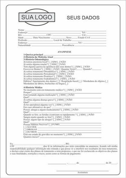 Bloco Ficha Anamnese Consultório Dentista Odontológico 1