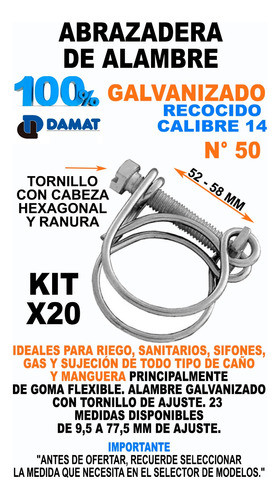 Abrazadera Manguera Alambre  2 Galva 52 - 58 Mm Pack X 20u 1