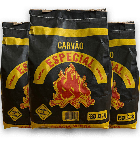 3 Saco Carvão Para Churrasco Especial 9kg Brasa Forte 0