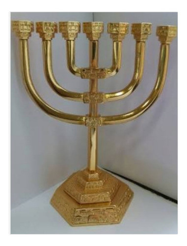 Candelabro Menorah Judaico De Mesa Pequeno Folheado Ouro 18k 0