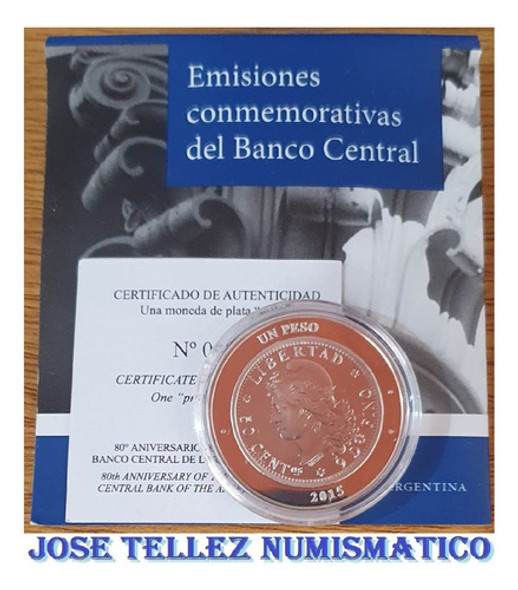 Argentina Moneda De Plata 80 Aniver. Banco Central Palermo 0