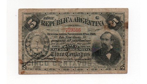 Argentina Billete 5 Centavos 1891 Fraccionario Bottero 1010 0