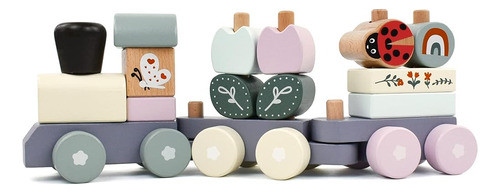 Pillowhale Wooden Stacking Train Toy Set, Wooden Building Bl 0