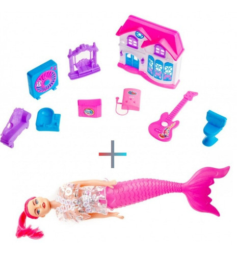 Combo Set De Casita Grande Con Accesorios + Muñeca Sirena 0