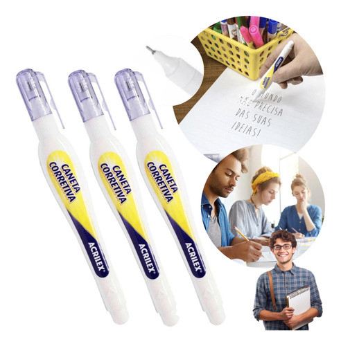 3 Canetas Corretivas 5 Ml Escritório Escola Branquinho 0