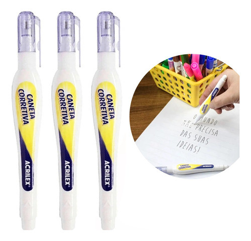 3 Canetas Corretivas 5 Ml Escritório Escola Branquinho 1