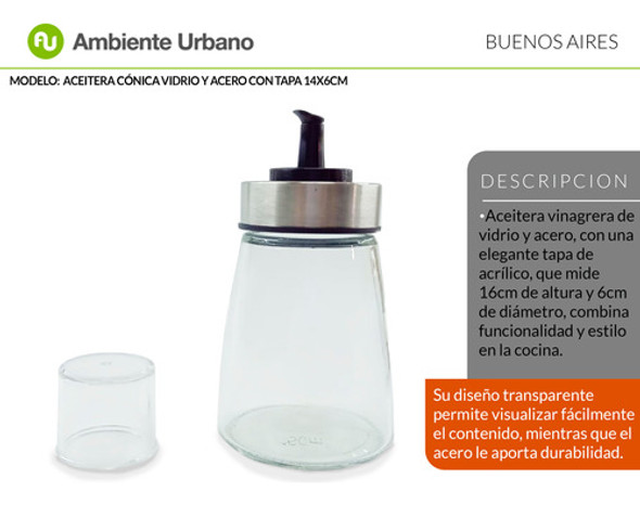 Aceitera Vinagrera Conica Vidrio Y Acero 14cm X 6cm 150ml 1