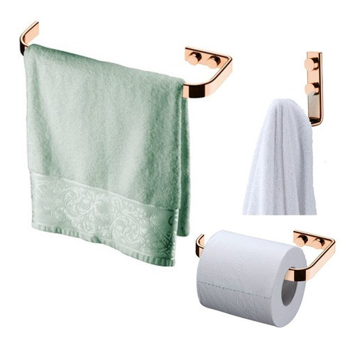 Porta Toalha 22cm Gancho Papel Higiên Rose Gold Kit Banheiro 0