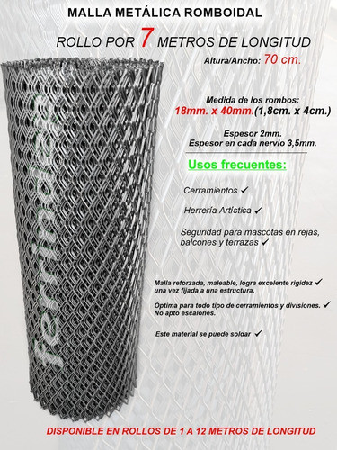 Malla Romboidal Metál Desplegado 18x40mm 70cm X 7mts 2mm 1