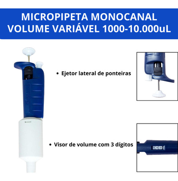 Kit C/ Micropipeta 1000-10.000ul + Ponteiras C/ 100 Peças 1