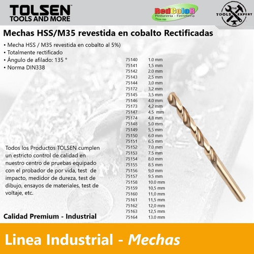 Mecha P/taladro Tolsen Hss Din338 M35 Cobalto 5% 8.5mm 75155 1