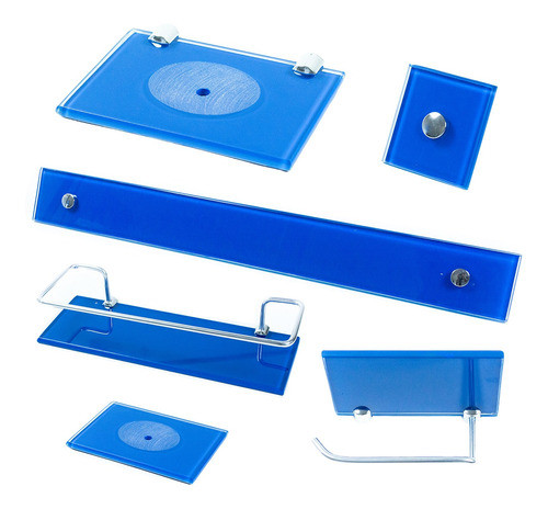 Kit Para Banheiro Em Vidro 05 Pçs Reto Azul + Brinde 0