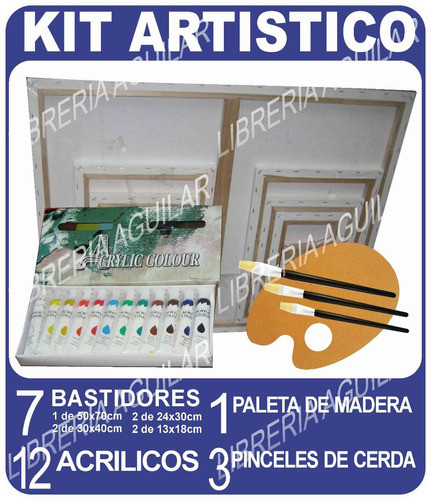 Kit 7 Bastidores 12 Acrilicos 3 Pinceles 1 Paleta Madera 1