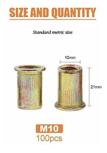 100 X Remache Tuerca Roscado M10 - 10mm Acero Al Carbono 1