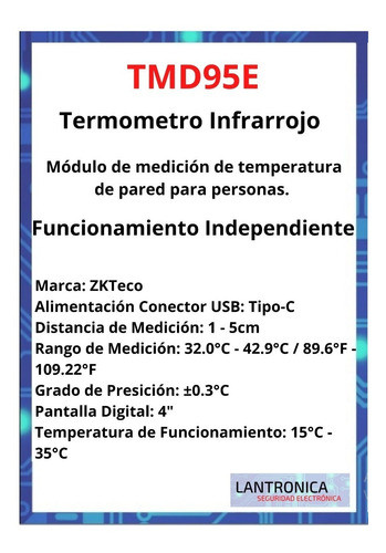 Termómetro Infrarrojo Pared Personas Usb Tdm95e Zkteco 1