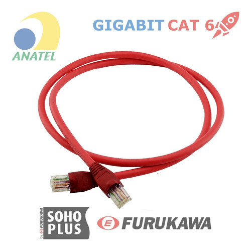 Kit 5 Un Cabo De Rede 3m Cat6 Furukawa Rj45 Vermelho Gigabit 1