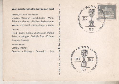 Tarjeta Postal - Selecion Alemana De Futbol - Mundial 1966 1