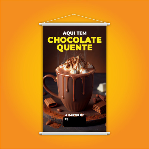 Banner Aqui Tem Chocolate Quente Preço Preto Lona 60x40cm 1