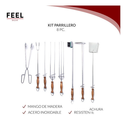 Set Asador X8 Utensilios Pinches Pala Atizador Pinza Cepillo 1