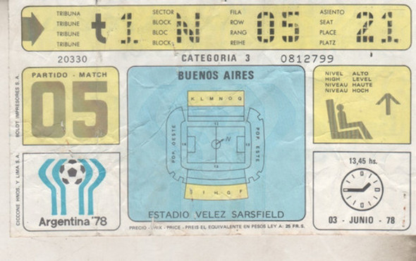 Entrada Mundial 78 Partido Nº 5 - Velez - España Vs Austria 0