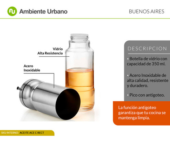 Aceitera Vinagrera De Vidrio Acero Inox Pico Vertedor 350ml 1