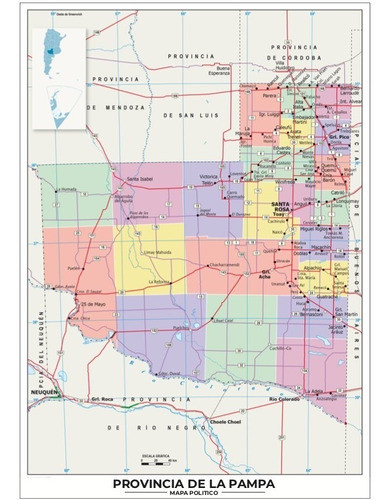 Mapa Provincia De La Pampa Lona 65cm X 90cm Politico 0