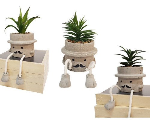 Macetas Cemento Bigotes Con Planta Artificial 8.5x15cm 0
