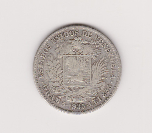 Moneda Venezuela 1 Bolivar Año 1935 Plata Muy Bueno 0