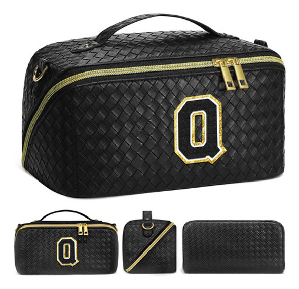 Porta Cosmetico Neceser Gran Capacidad Cuero Negro Letra Q 0