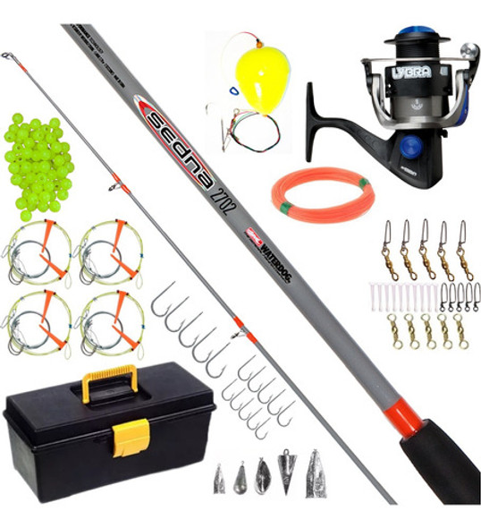 Kit Combo Pesca Reel 1 Ruleman + Caja Completa Variada + Caña 2.10 Mt 2 Tramos 30 Lb Accion Media Trolling Dorado Surubi 0