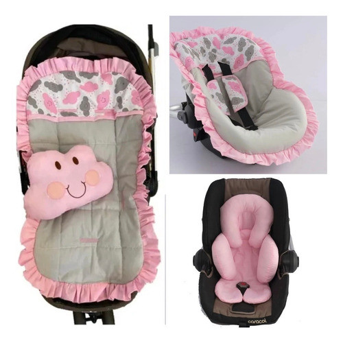 Kit Capa Carrinho + Bebê Conforto + Apoio + Cinto Nuvem Rosa 0