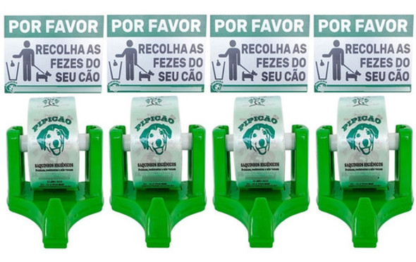 Kit 04 Coletores Fezes De Cão + Suporte Parede Verde + Placa 0 Kit 04 Coletores Fezes De Cão + Suporte Parede Verde + Placa 0