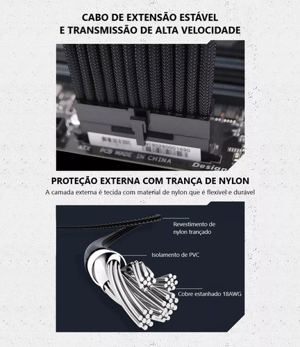 Kit 3 Cabos Formulamod Sleeved Preto Extensor Fonte Pci-e 1