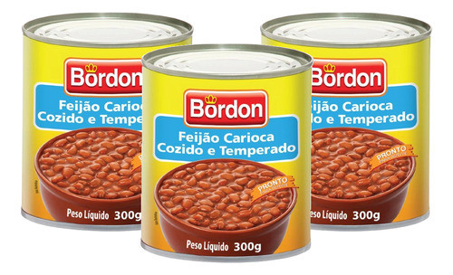Kit 3 Feijão Carioca Cozido E Temperado Bordon Lata 300g 0
