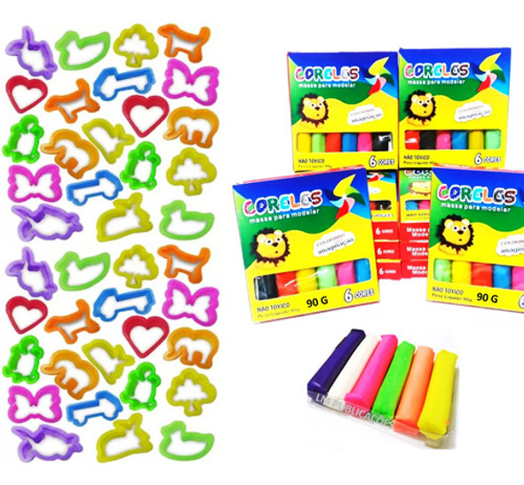 10 Cxs Massinha De Modelar 6 Cores + 30 Forminhas Cortador 0