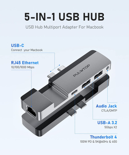 Pulwtop Hub Usb C Para Macbook, Adaptador Multipuerto Usb C 1
